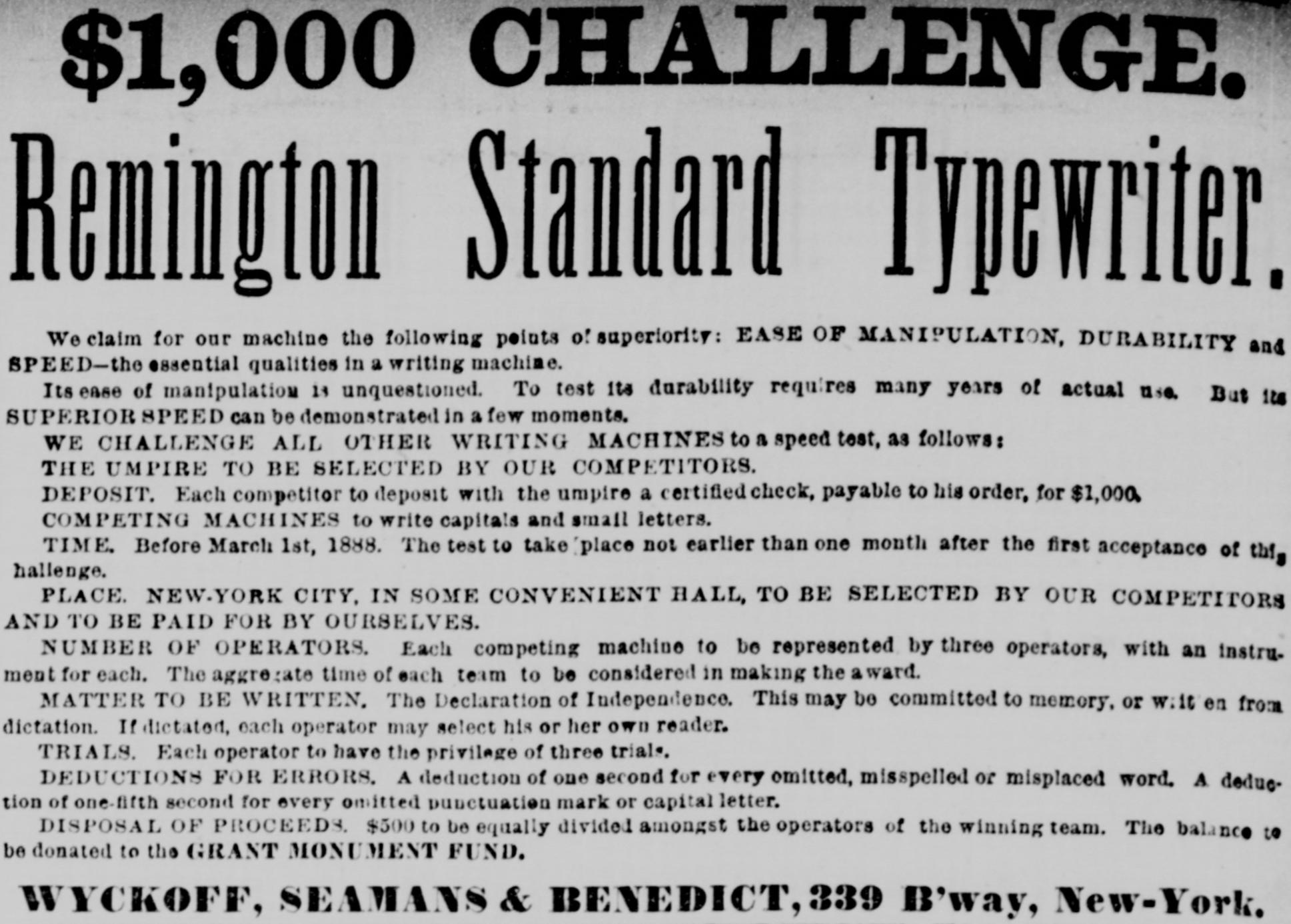 ウィックオフ・シーマンズ&ベネディクト社の広告「$1,000 CHALLENGE.」（『New-York Tribune』1887年12月7日）