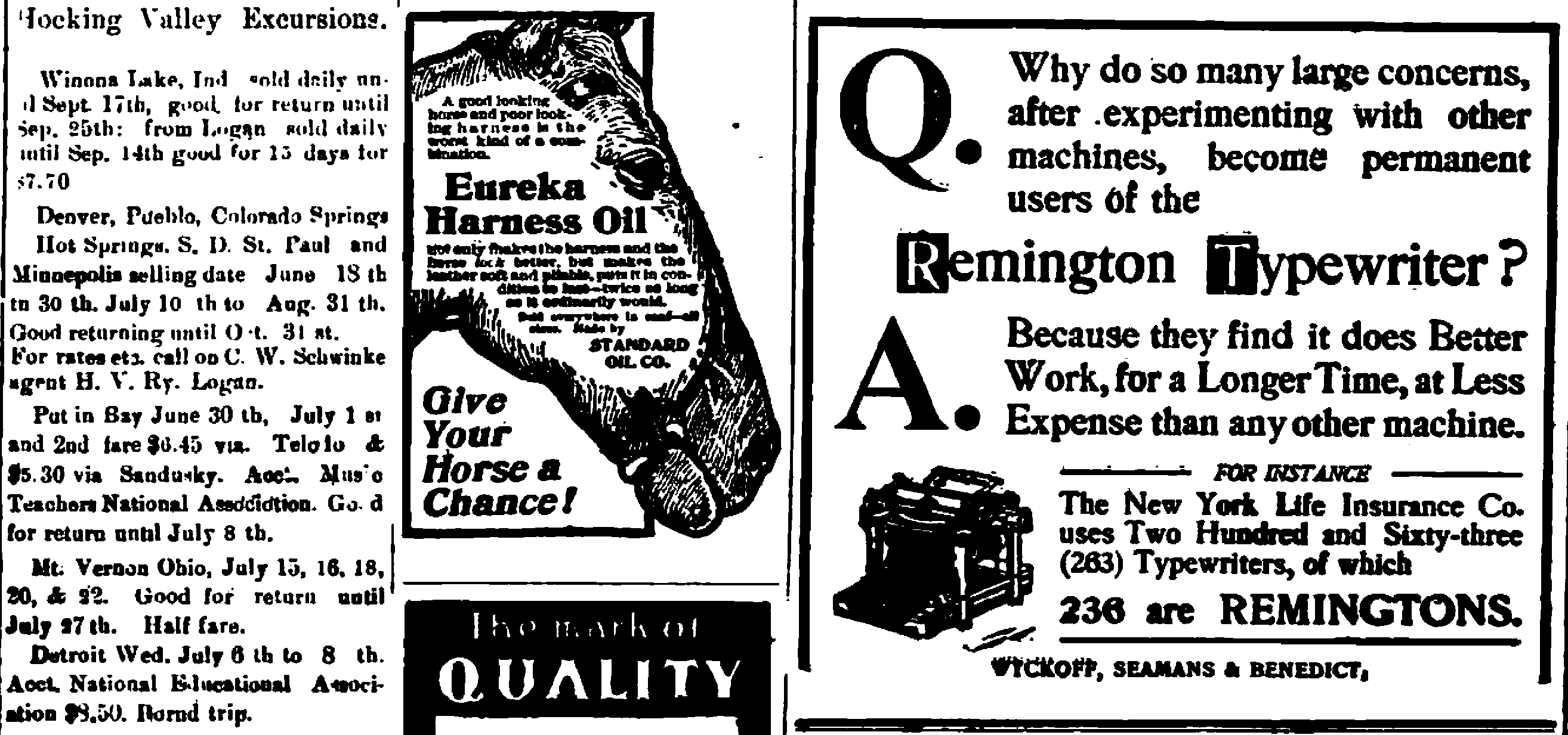 全国教育協会総会への周遊旅行案内と「Remington Typewriter」の広告（『Hocking Sentinel』1901年6月27日号）