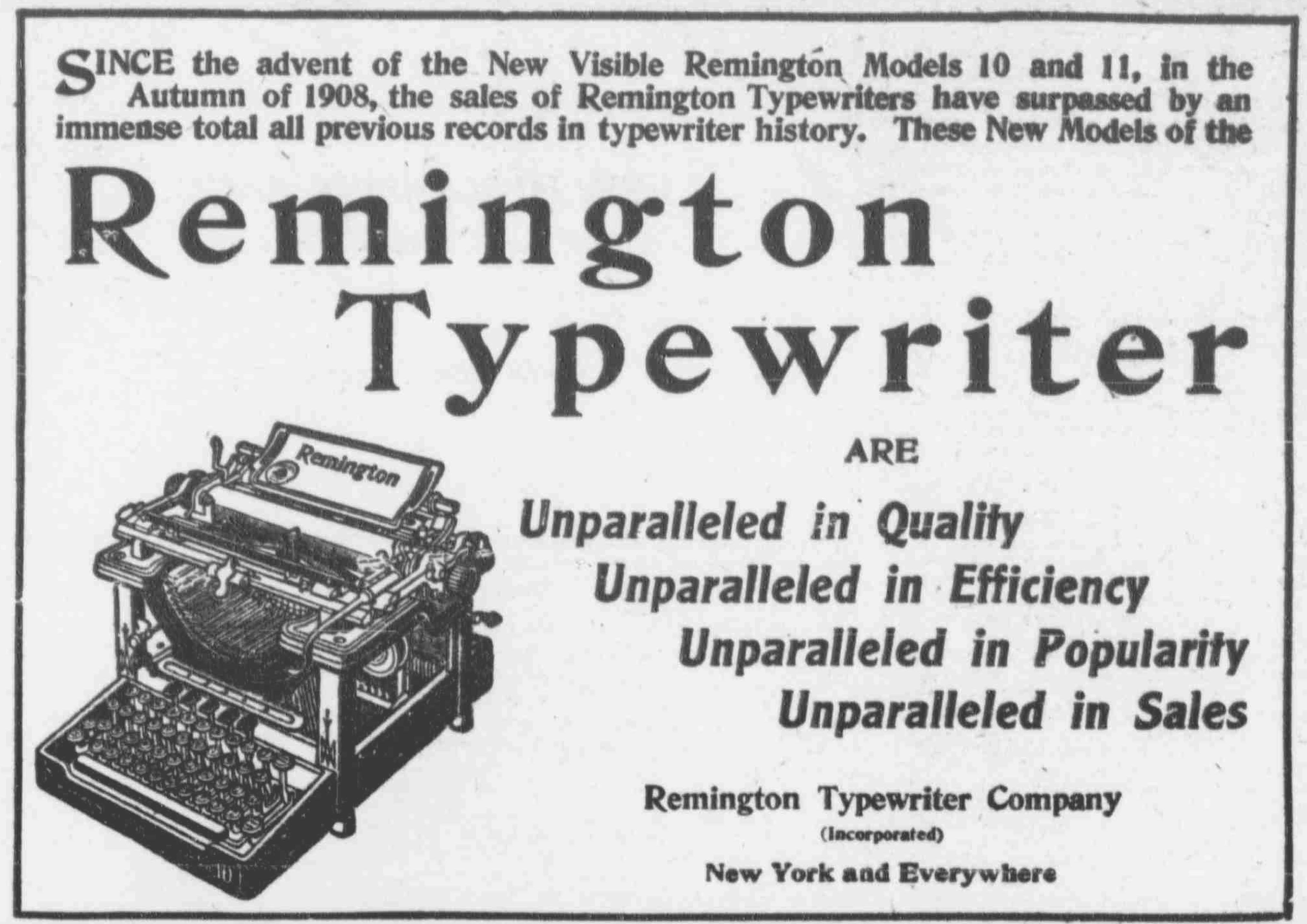 「Remington Visible Typewriter Model 10」の広告（「The Sun」1910年2月10日号）