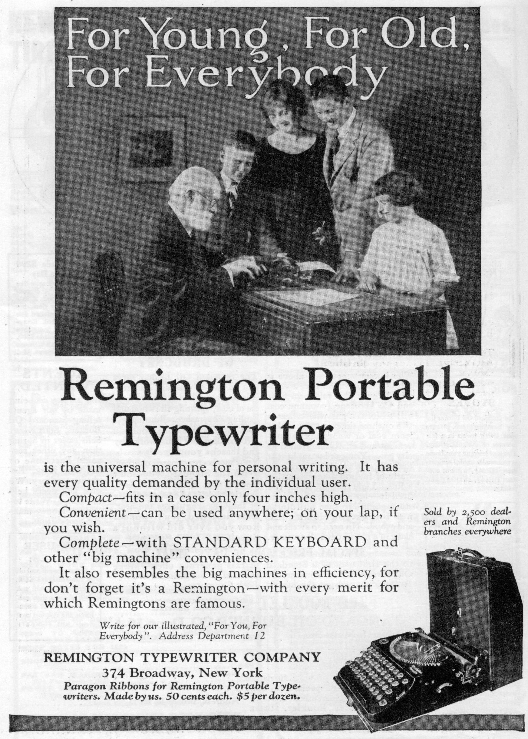 「For Young, For Old, For Everybody, Remington Portable Typewriter」の広告（『Popular Mechanics』誌1923年10月号）