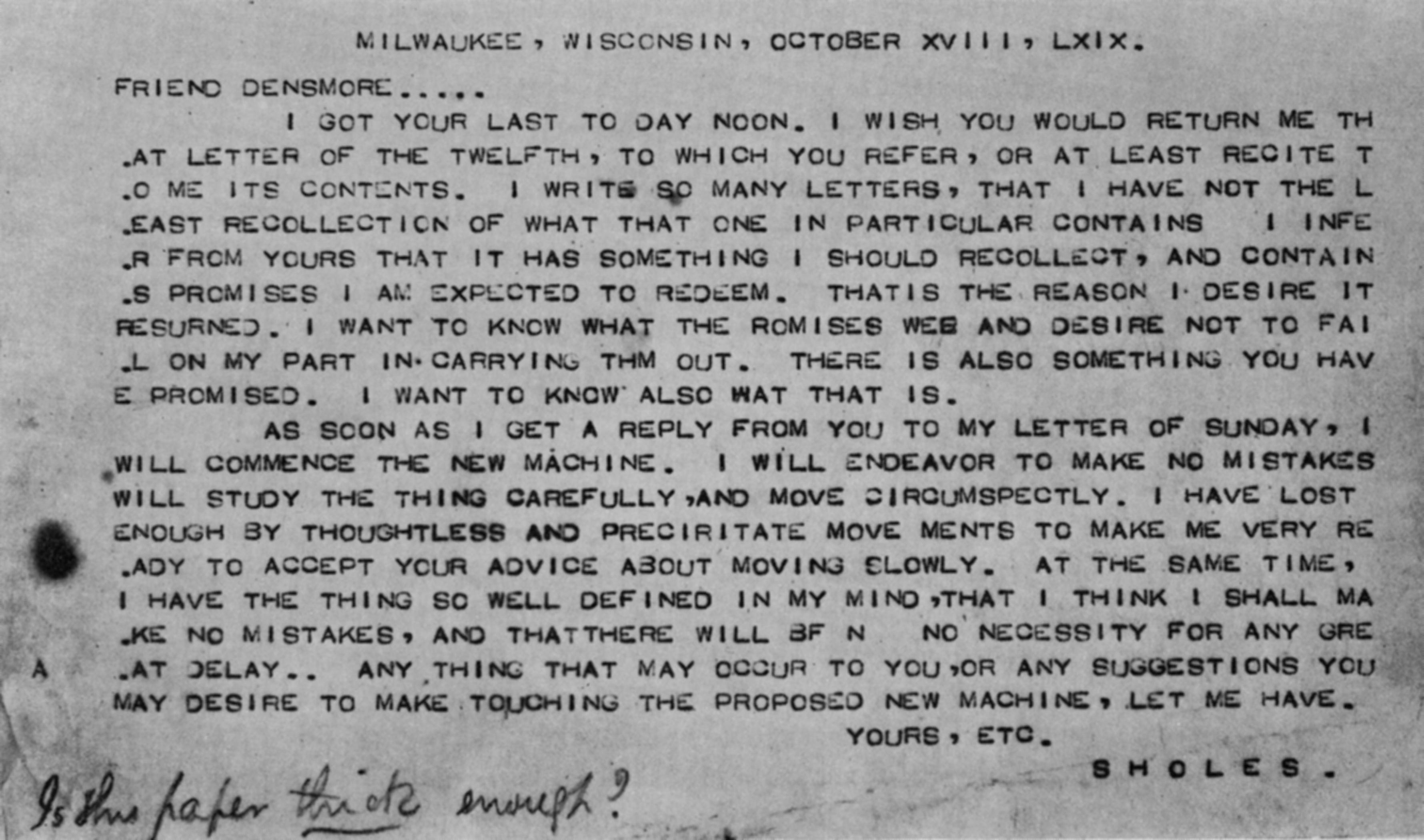 ショールズからデンスモア宛の手紙（1869年10月18日）