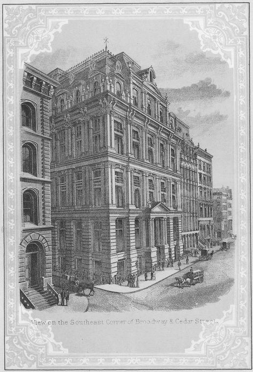 ブロードウェイから見たセダー通りの入口（1870年頃）、角にあるのはエクイタブル生命ビル