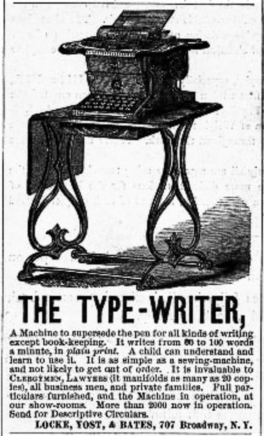 ロック・ヨスト&ベイツ社のタイプライター宣伝広告（Harper's Weekly，1876年3月18日）