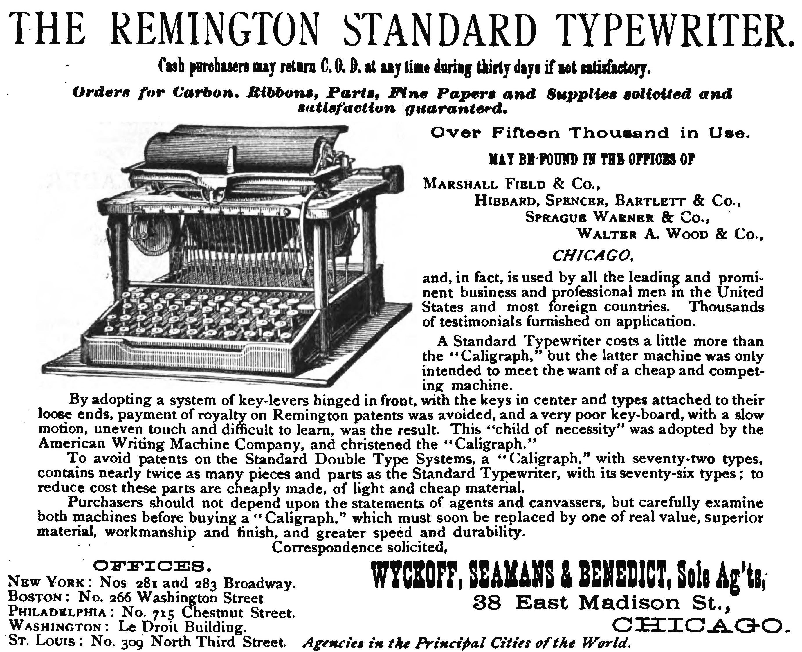 ウィックオフ・シーマンズ&ベネディクト社の比較広告（『Brown & Holland Shorthand News』1884年4月号）