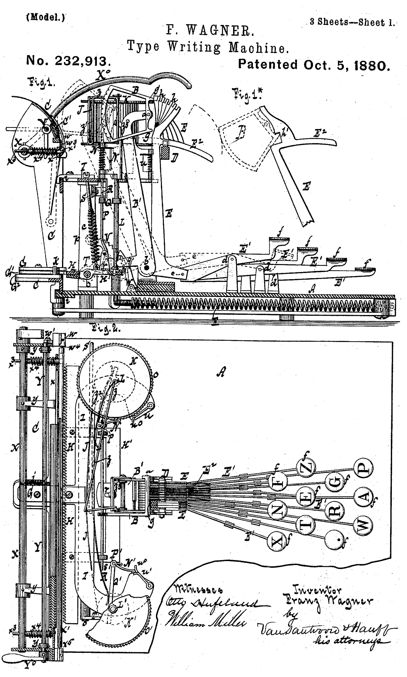 ワーグナーが設計した縦型タイプシャトル式タイプライター（U.S. Patent No.232913