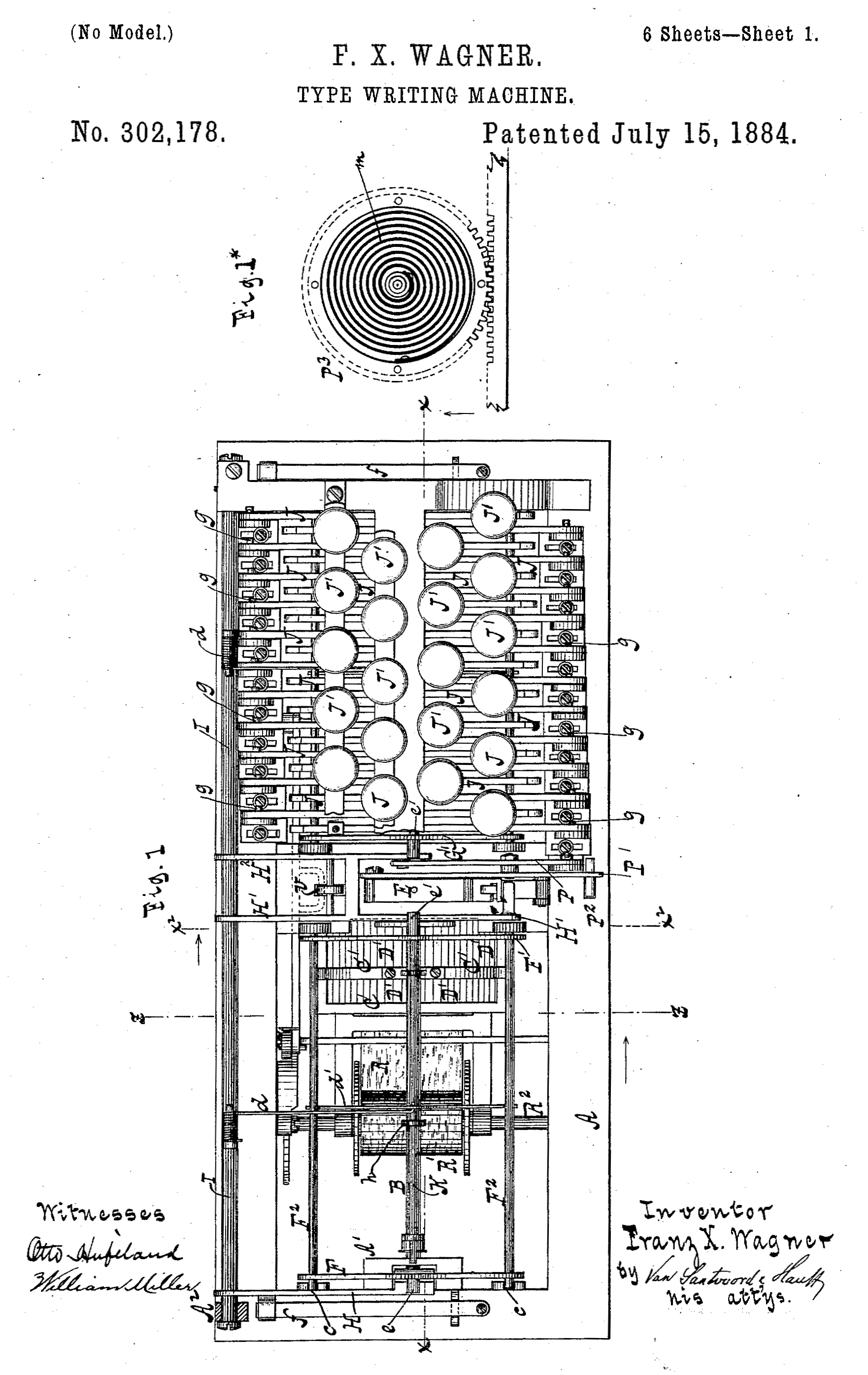 ワーグナーが設計した吊下型タイプシャトル式タイプライター（U.S. Patent No. 302178）
