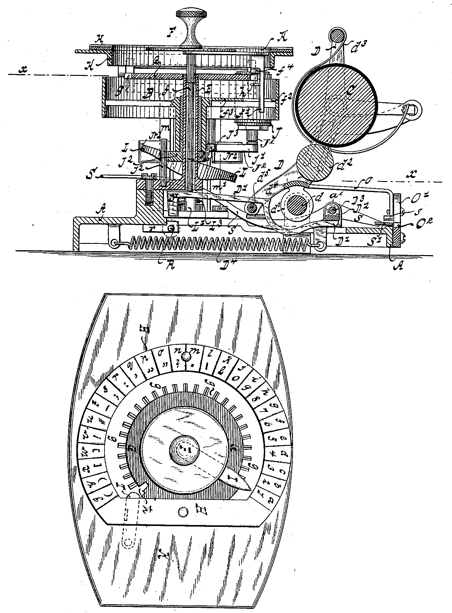 ワーグナーが設計したタイプホイール式ビジブル・タイプライターの機構図（U.S. Patent No. 364556）