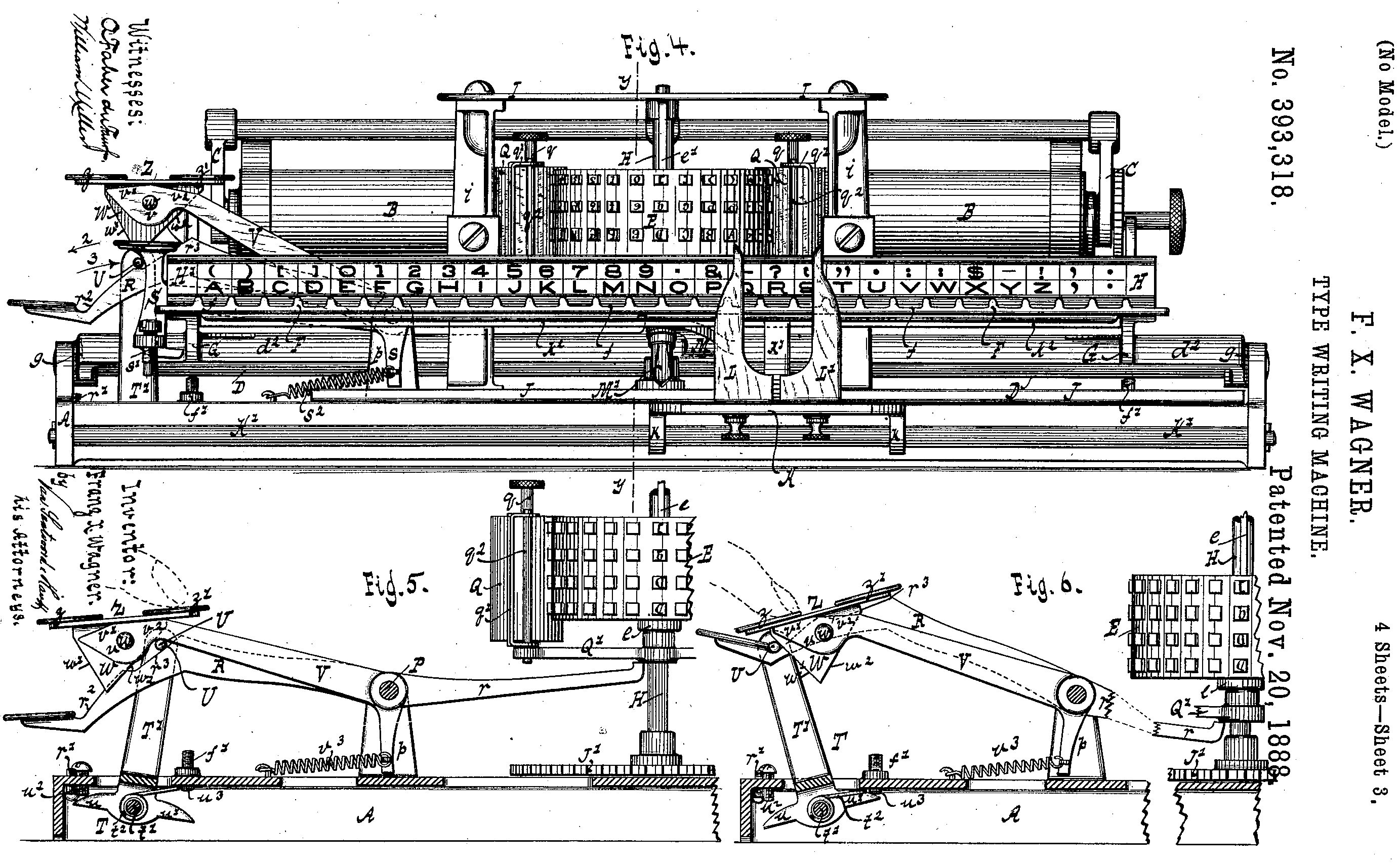 改良版のタイプホイール式ビジブル・タイプライターの機構図（U.S. Patent No. 393318）