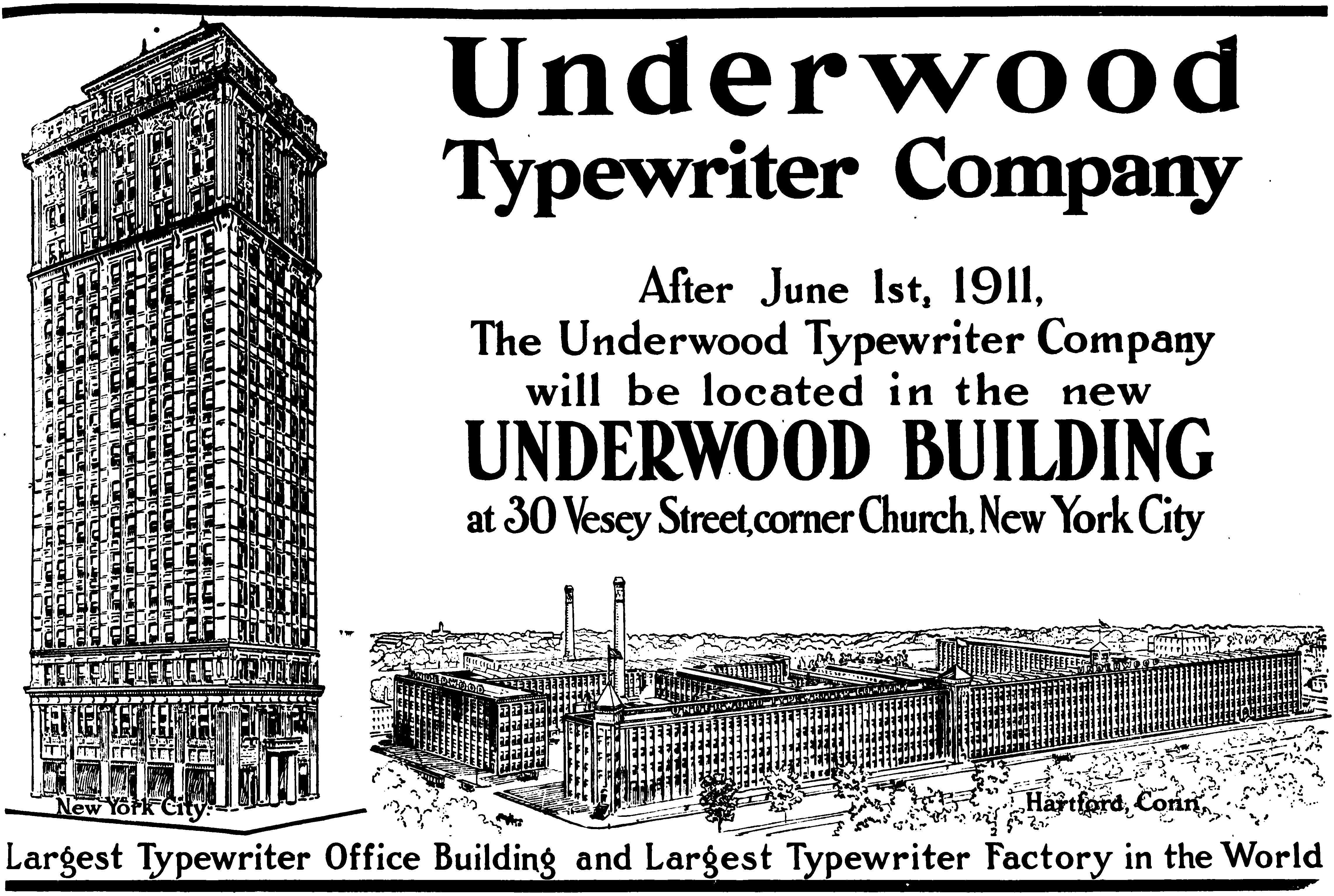 アンダーウッド・タイプライター本社の摩天楼とハートフォードの工場（『The Sun』1911年6月2日号）