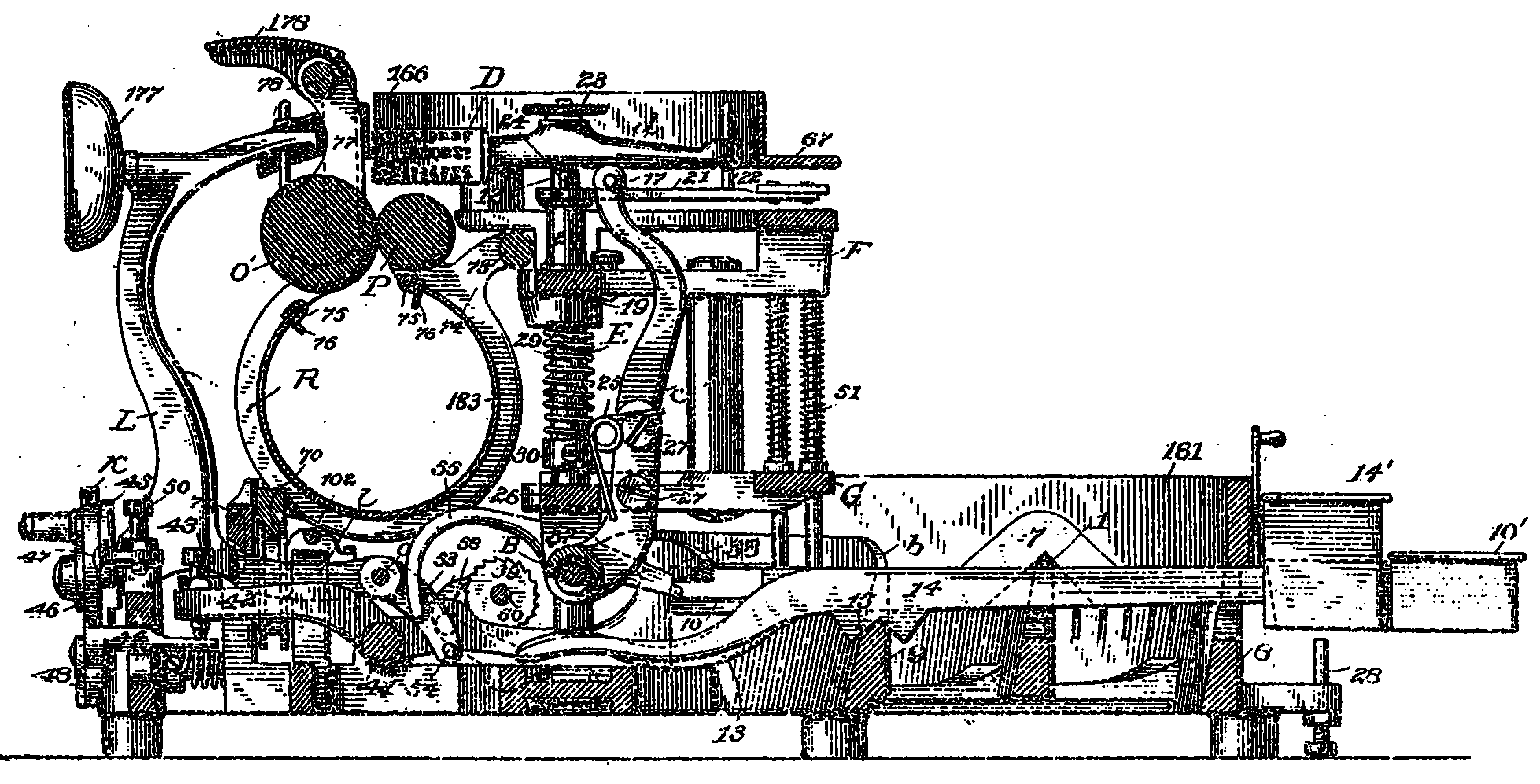 「Hammond No.1」を横から見た断面図（United States Patent No.290419）、図中Dがタイプ・シャトル、図中Lがハンマー