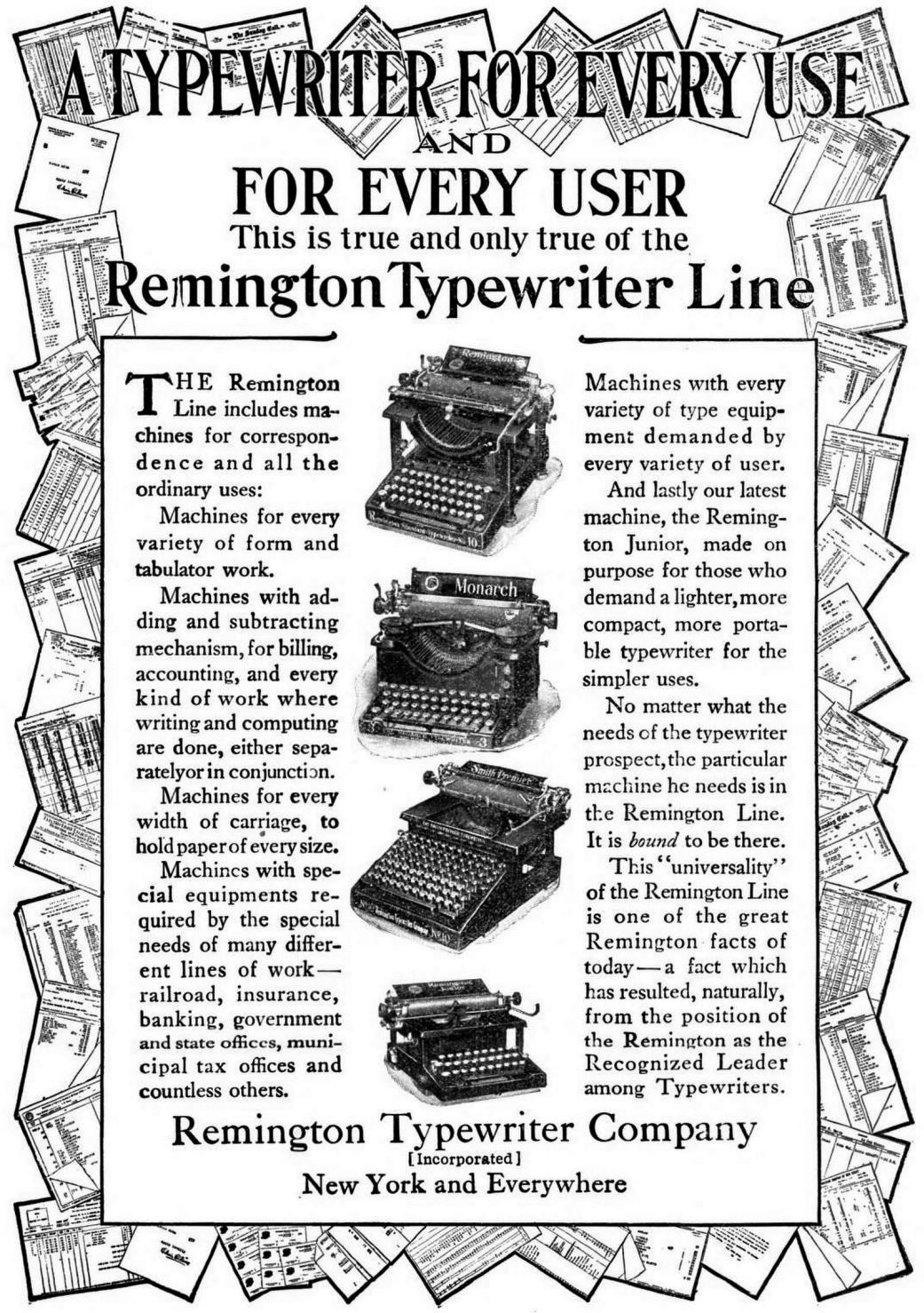 『The Rotarian』1914年11月号、上から順に「Remington Standard Typewriter No.10」「Monarch No.3」「Smith Premier No.10」「Remington Junior」