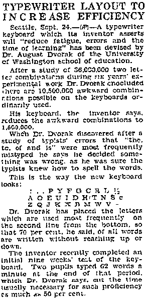 ドボラックのキー配列を報じるAP電（『Sunday Times―Signal』紙1932年9月25日号）